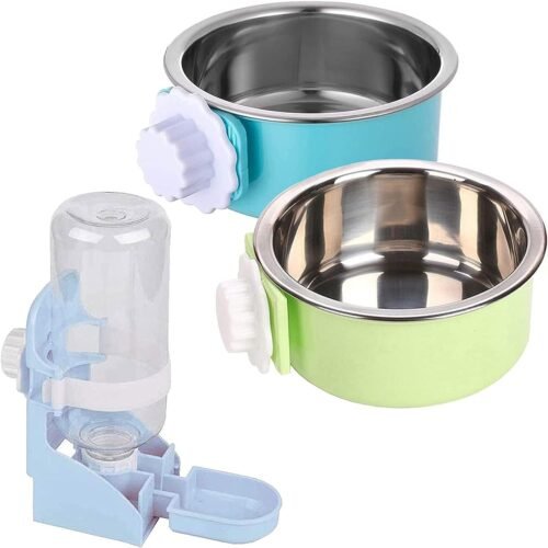Hamiledyi Crate Bunny Food Bowl Removable Stainless Steel Pet Dog Cage Dual Bowls